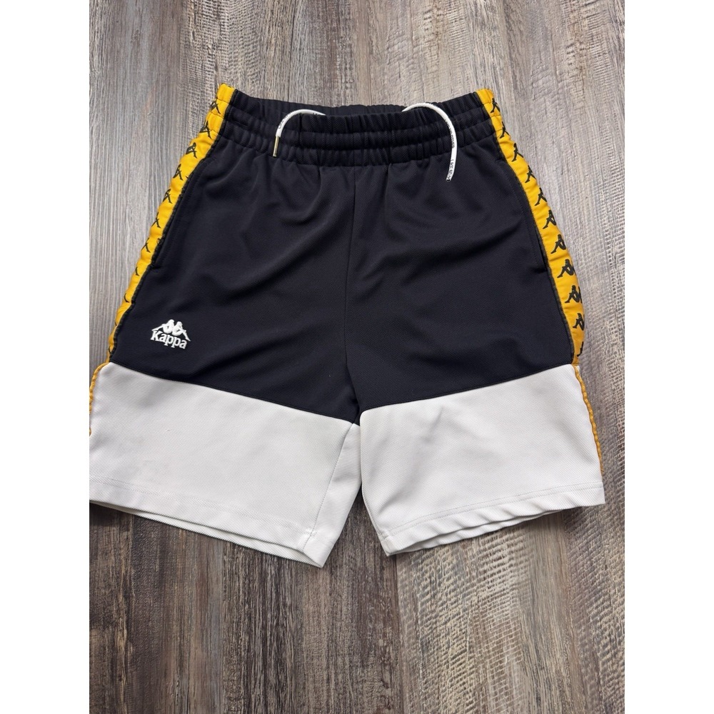 Kappa Mens Black & White Short, Stripes Logo Black Orange yellow Small 26x8